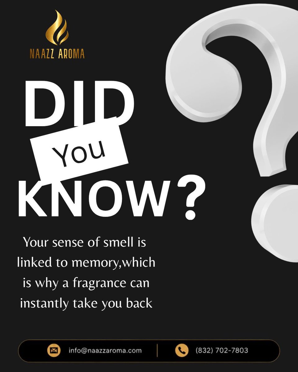 NaazzAroma's tweet photo. Did you know?  Your sense of smell is closely linked to memory  that’s why one fragrance can bring back a special moment instantly.
#NaazzAroma #FragranceFacts https://t.co/j32pKzg1Wa