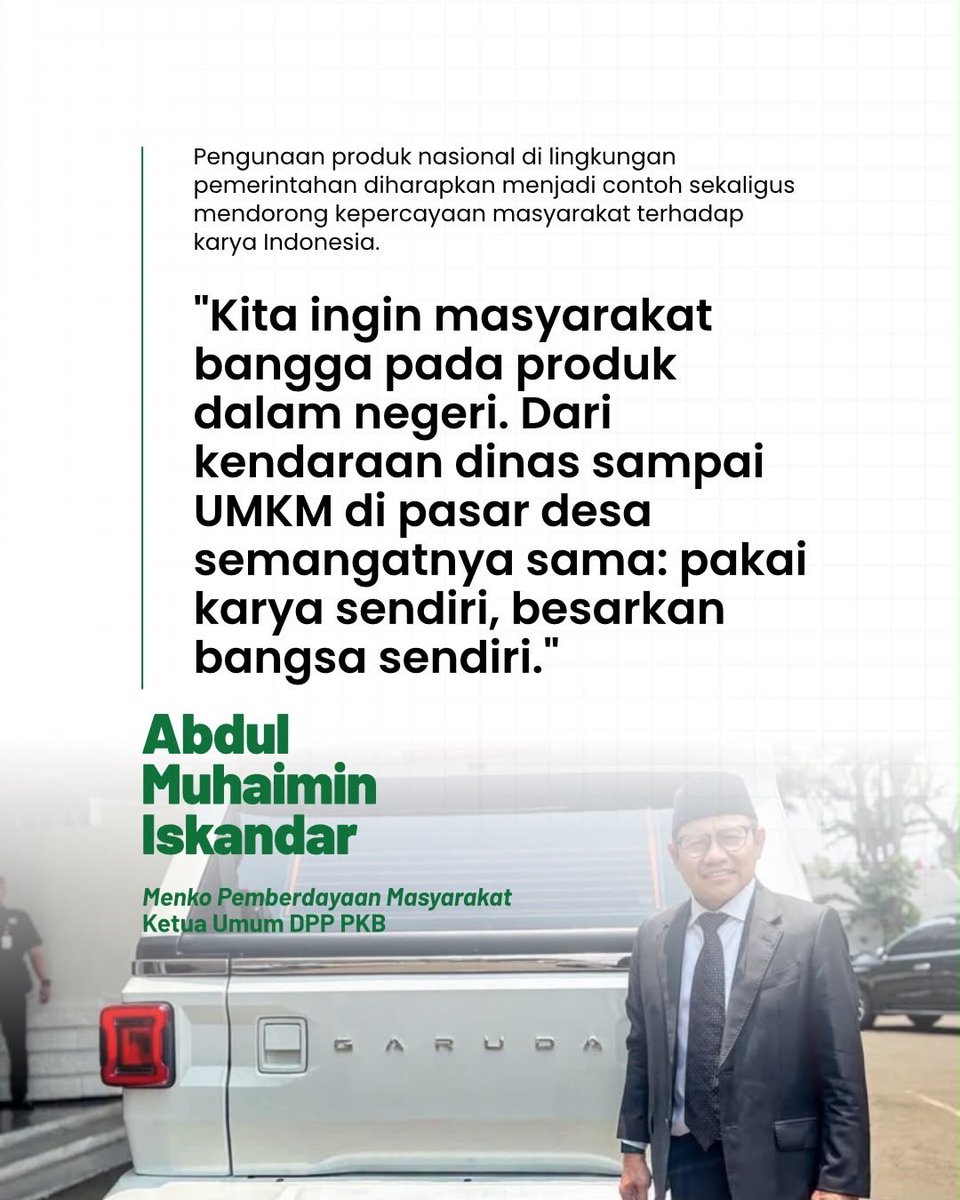 dpwpkbjatim_'s tweet photo. Cak Imin Mulai Gunakan Maung Garuda

Mulai hari ini, Gus Muhaimin Iskandar meninggalkan mobil dinas lamanya dan beralih menggunakan Maung Garuda, kendaraan produksi dalam negeri.

Langkah ini menjadi bentuk dukungan terhadap karya dan industri otomotif nasional. 🇮🇩

#CakImin https://t.co/IIavQ8ofud