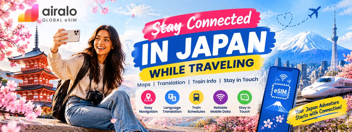 Travelmode_US's tweet photo. 🇯🇵 Traveling to Japan? Stay connected for maps, translation, train info &amp; messaging with an eSIM.
🎁 MAHSSAN10 — 10% off for everyone
🎁 MAHSSAN15 — 15% off for new users
👇 travel Japan smarter! 
https://t.co/IQSLZVLkXB 
#JapanTravel #Airalo #eSIM https://t.co/97xumQXnT7