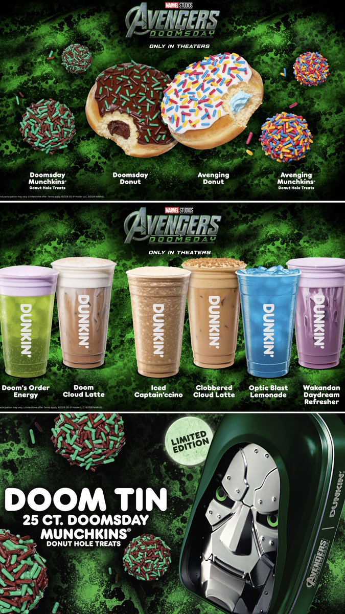 AvengersUpdated's tweet photo. Dunkin' and Marvel have unveiled their new collab for ‘AVENGERS: DOOMSDAY’.

In stores starting November 4. https://t.co/p3ZAle06ny