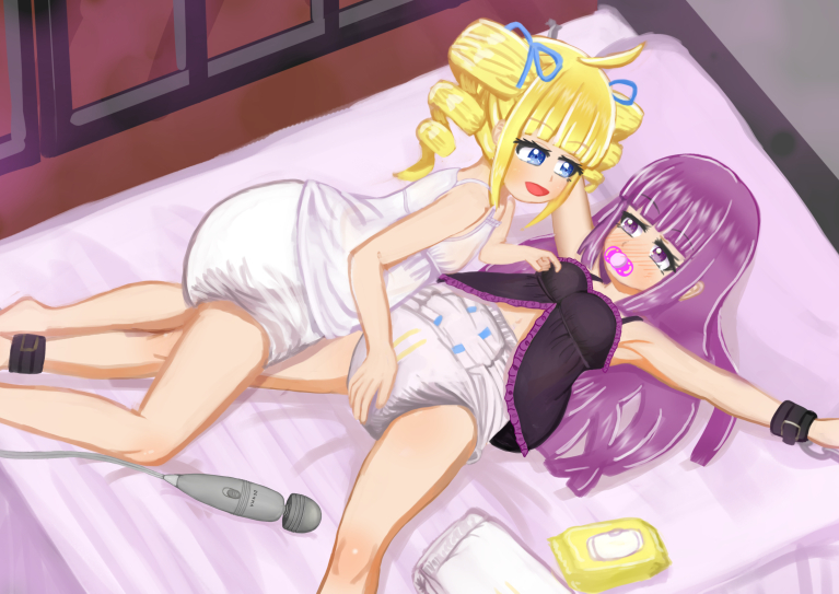 unagi_abdl's tweet photo. 今回は拘束プレイをするお嬢様達を描きました！
拘束されて電マあてられるシチュいいよね～。
私は痛みを伴うようなハードなSMプレイにはあまり興味ないけど、こういうソフトな感じのは結構好きだったりする。

おむつお嬢様達の戯れ（拘束） | unagi&amp;#039;s baby room https://t.co/FcBPByexNz https://t.co/EYilUiEsRa