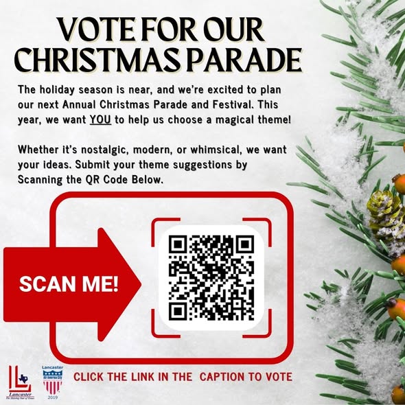 Lancaster_TX's tweet photo. Christmas in Lancaster is right around the corner! 
And YOU get to help decide how we celebrate!  

We may be a small city, but our events are LARGE! 

 Cast your vote today using the link below! 
https://t.co/QpAFPpjcit https://t.co/pTuCxyu8XH