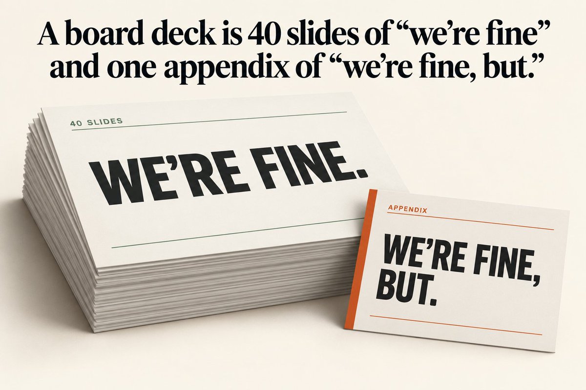 RalfKaiser's tweet photo. A board deck is 40 slides of "we're fine" and one appendix of "we're fine, but." https://t.co/3vOn9JLi5w