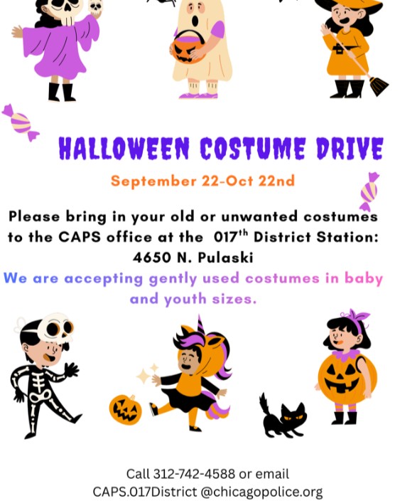 ChicagoCAPS17's tweet photo. Halloween is approaching! Come join us by donating your old and unwanted or new costumes to the 017th district CAPS Office!  Baby and Youth Sizes are preferred. https://t.co/mHrXj7XGpf