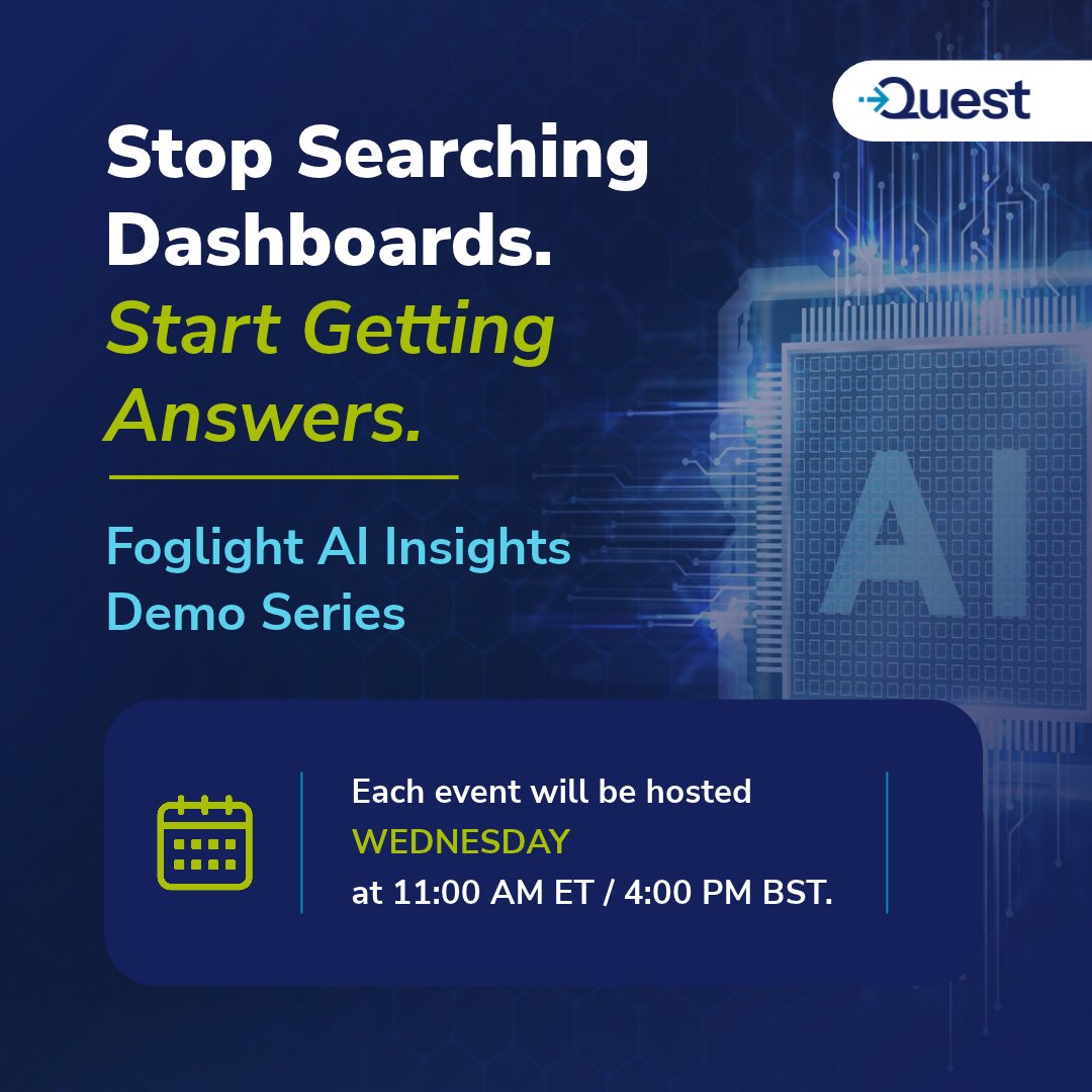 Quest's tweet photo. Database environments keep growing. The resources database teams have to manage them? Not so much.

Stop searching dashboards. Start getting answers.

Take Foglight AI Insights for a test drive.➡️https://t.co/esmDmUtzg4 https://t.co/owzmjt2SSx