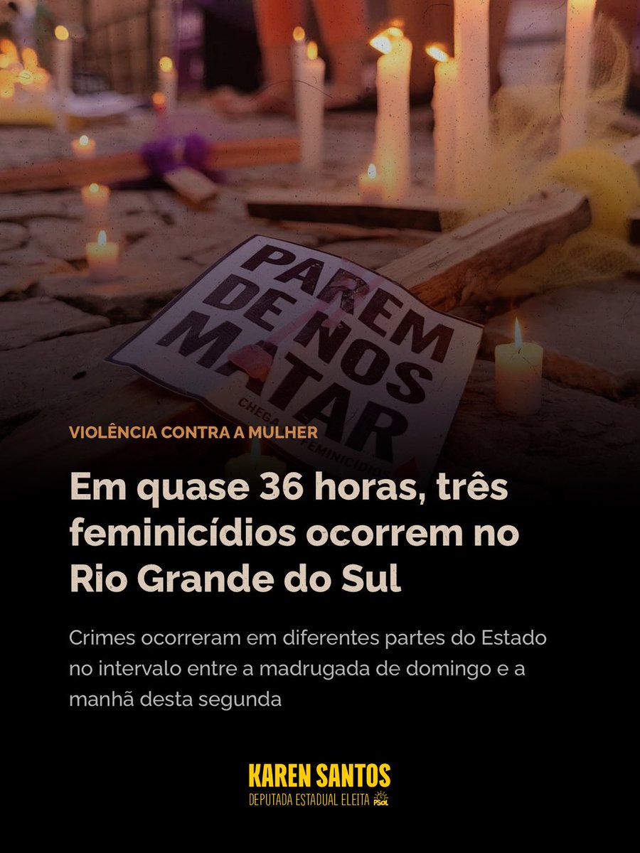 karenpsol's tweet photo. Estamos vivendo uma onda de feminicídios no Rio Grande do Sul. E quem são os responsáveis? A falta de políticas públicas efetivas e a negligência de Eduardo Leite, do prefeito Melo e das demais autoridades.

Nos queremos viver! https://t.co/5V2ty0lbSi