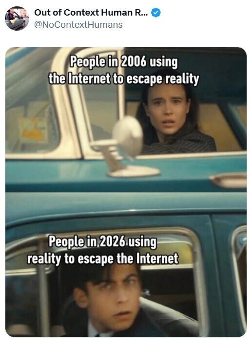 alica_graphic's tweet photo. From escaping reality online to escaping the internet in real life… we really went full circle. 😂🌐➡️🌍
#InternetEra #ThenVsNow #2026Mood #DigitalDetox #TouchGrass #Relatable #InternetCulture #RealityCheck #MemeCulture #FunnyMemes https://t.co/zq2cbnfd7i