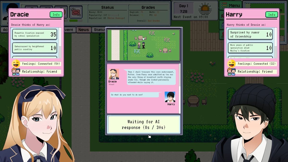 starforgesoft's tweet photo. Trying out a custom Malfoy scenario.

#AISchoolSim #Malfoid #Malfoy #HarryPotter #IndieGame #AI #AIGame #SimulationGame #LifeSim #Steam #WishlistOnSteam #Unity #IndieDev #AISchoolSimulator #JRPG #VisualNovel https://t.co/Emmq5UxEYO