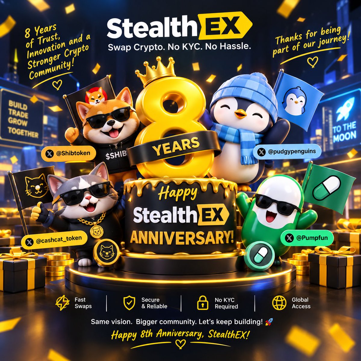 Sydneyswt's tweet photo. @StealthEX_io @Shibtoken @pudgypenguins Happy big 8th anniversary @StealthEX_io https://t.co/57Frpu5pUU