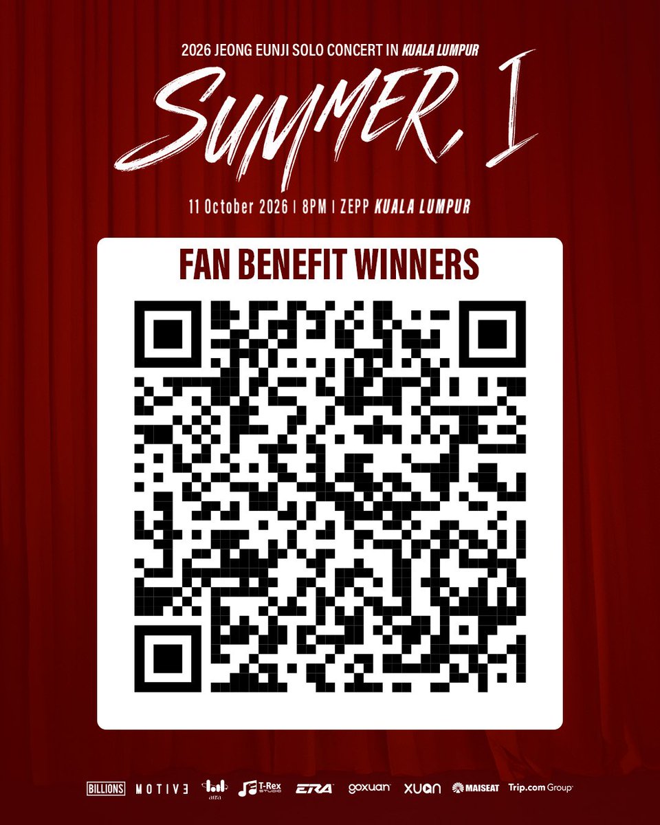 TrexStudioROAR's tweet photo. 🎉 [SUMMER, I] FAN BENEFIT WINNERS ARE HERE! 🎉

Congratulations to all the lucky winners of the 2026 JEONG EUNJI SOLO CONCERT ASIA TOUR [SUMMER, I] IN KUALA LUMPUR fan benefits! 💕🐼

📌 Please scan the QR code below to check if you’re one of the lucky winners! 

We can’t wait to see all our Malaysian Pandas at Zepp Kuala Lumpur on 11 October 2026! 💙

See you soon! ✨

#JEONGEUNJI #JEONGEUNJIinKL #JEONGEUNJISOLOCONCERT #SUMMER_I #SUMMERIinKL #TrexStudio