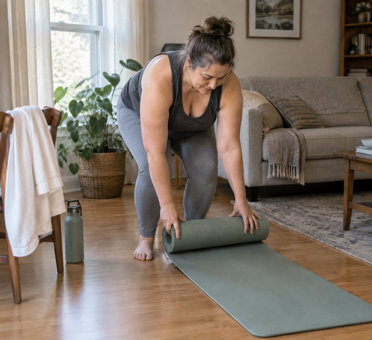 EnderVonF's tweet photo. Beth 2/2 — Making room for a little movement: unrolling her mat, reaching toward the morning light, then settling into Warrior I and Warrior II. An everyday body in motion—not a fitness-model makeover. #aiwoman #aifantasy https://t.co/FUL31DHOXG