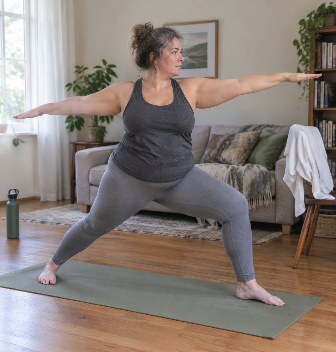 EnderVonF's tweet photo. Beth 2/2 — Making room for a little movement: unrolling her mat, reaching toward the morning light, then settling into Warrior I and Warrior II. An everyday body in motion—not a fitness-model makeover. #aiwoman #aifantasy https://t.co/FUL31DHOXG