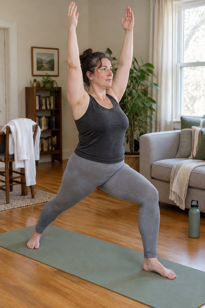 EnderVonF's tweet photo. Beth 2/2 — Making room for a little movement: unrolling her mat, reaching toward the morning light, then settling into Warrior I and Warrior II. An everyday body in motion—not a fitness-model makeover. #aiwoman #aifantasy https://t.co/FUL31DHOXG