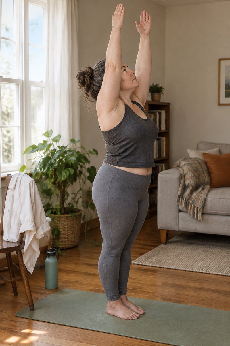 EnderVonF's tweet photo. Beth 2/2 — Making room for a little movement: unrolling her mat, reaching toward the morning light, then settling into Warrior I and Warrior II. An everyday body in motion—not a fitness-model makeover. #aiwoman #aifantasy https://t.co/FUL31DHOXG