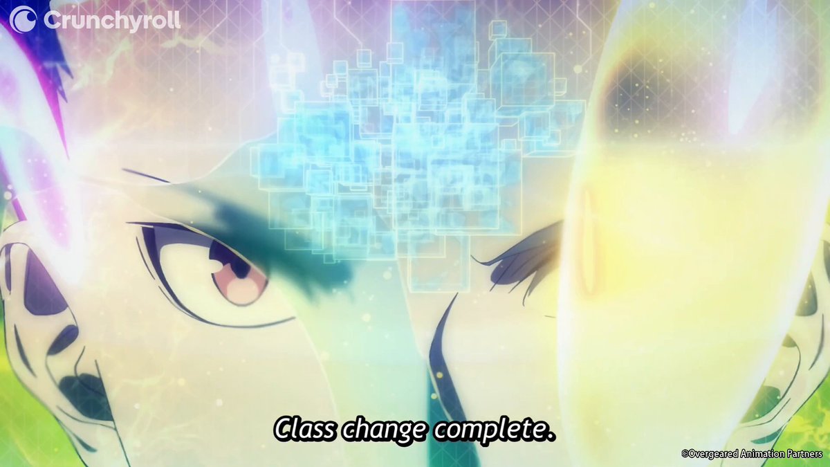 An anime character undergoes a transformation with glowing blue digital cubes and bright light effects around them, accompanied by the caption "Class change complete." The image illustrates the "legendary class unlocked" moment from the Overgeared anime, capturing the dramatic awakening sequence.