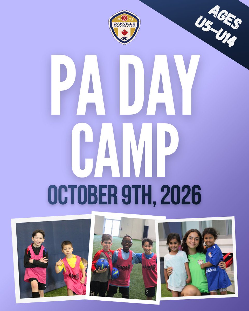 Oakville_Soccer's tweet photo. PA Day = Soccer Day!
Our PA Day Camp is open to players age U5-U14 and is the perfect opportunity to stay active, sharpen your skills, and enjoy the day in a fun environment. 🙌
Secure your spot today at https://t.co/7gGZjsq7qk
#OSC #OakvilleSoccer #PADay https://t.co/Reji5pf6Nr