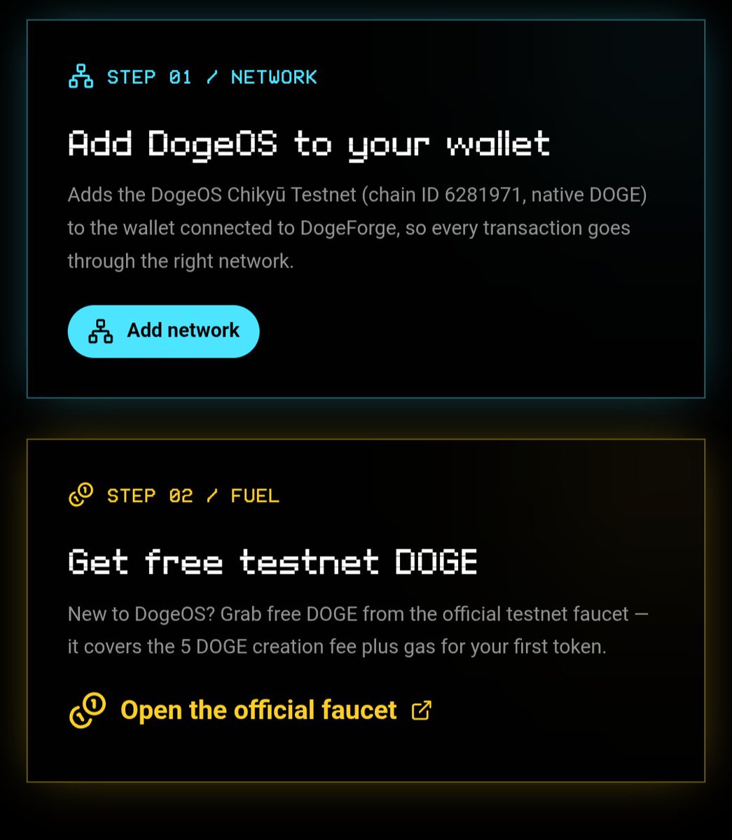 DOGE_FORGE's tweet photo. 🔌 Connect your @MyDoge wallet to the @DOGE_FORGE dApp, add the @DogeOS network, and claim your testnet $DOGE . Once you've done that, you're ready to create your token! https://t.co/QiwcNtXFcC