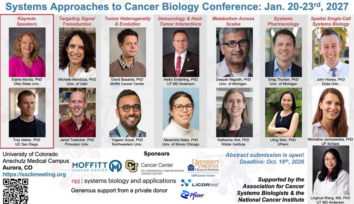 CancerSysBio's tweet photo. We have an amazing set of speakers lined up. Looking forward to see you at CU Anschutz! #SACB2027 https://t.co/iSjbameOIy