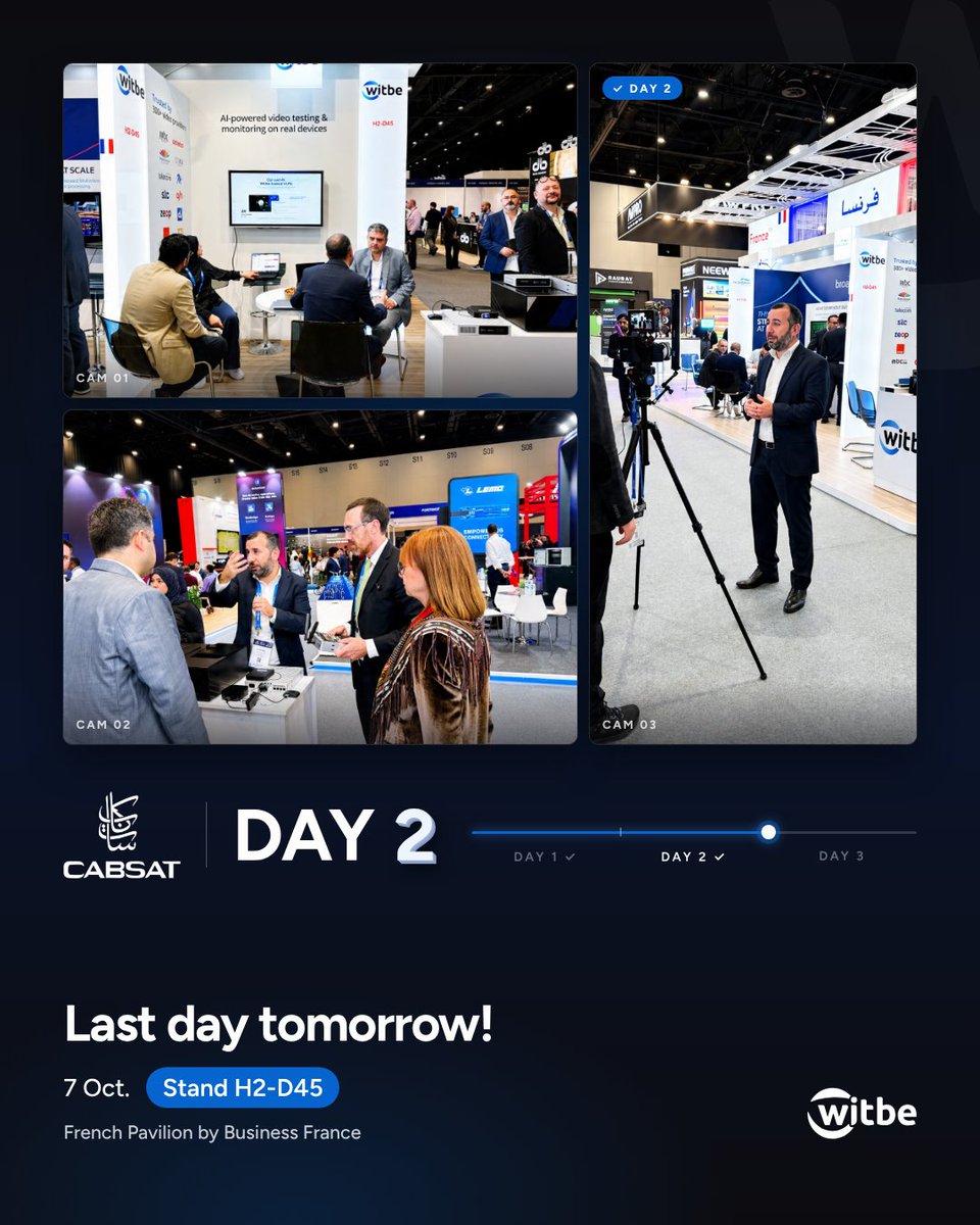 witbe's tweet photo. Day two at CABSAT ✅ 
Tomorrow on our booth: 
a Witbox testing a streaming app on a real set-top box, like a viewer in Riyadh or Dubai. 
No emulators. No guesswork.

Our president and co-founder is on-site for the last day. Meet her at H2-D45 👋 #CABSAT2026 #VideoQA https://t.co/bbqM92LGZ3