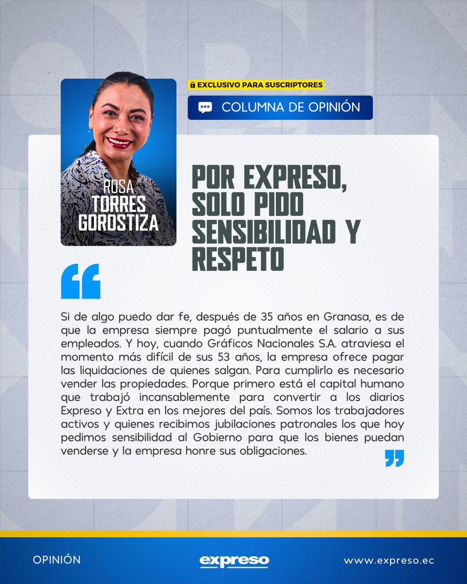 Expresoec's tweet photo. #OPINIÓN | "Quiero cerrar esta columna recordando a Galo Eduardo Martínez Merchán, fundador de Granasa, y la frase que fue su estandarte empresarial: 'Primero son los empleados porque sin ellos y su trabajo ninguna empresa existiría y el país no crecería', escribe Rosa Torres. 👇 https://t.co/qeIIeflTBJ