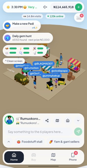 The image shows a screenshot of the "Lagos Life" mobile game interface featuring an isometric view of a market scene with various stalls and character avatars (including @missP..., @BLAQMADEIT, @olodiapapa, @H3rY_, @ummybakup). The accompanying text praises the game's developer for creating original, well-developed features rather than copying other Nigerian-themed games, highlighting the app's ₦114,665,918 currency display, daily gem hunt feature, and social elements like the chat showing "6 players" at Rumuokoro.