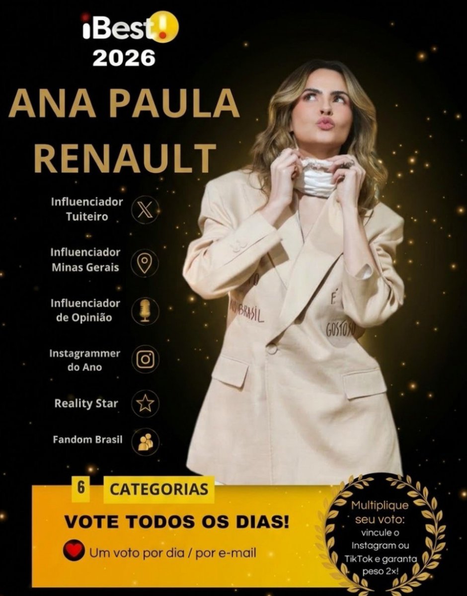 gisele1401's tweet photo. 🚨 JÁ VOTARAM HOJE?!

A votação para decidir o top 3 no Prêmio iBest 2026 tá rolando e a Ana Paula está concorrendo em 6 categorias! Votar é rápido, gratuito e dá para multiplicar.

Cada voto faz a diferença. Vamos juntos levar essa vitória 🧙🥂

🔗 Link:https://t.co/m0nZxYpTYW https://t.co/uCGJeLGteO