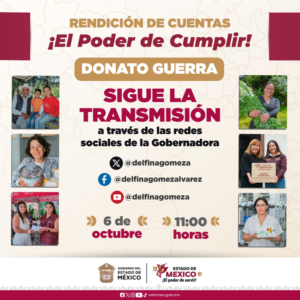 Edomex's tweet photo. En el #EdoMéx, ¡hacemos historia rindiendo cuentas! 🌾 Conéctate a la transmisión a través de las redes sociales  de la Gobernadora @delfinagomeza, desde #DonatoGuerra. 🤝

📅 6 de octubre.

⏰ 11:00 horas.

#ElPoderDeServir https://t.co/SPI2l4eEe9