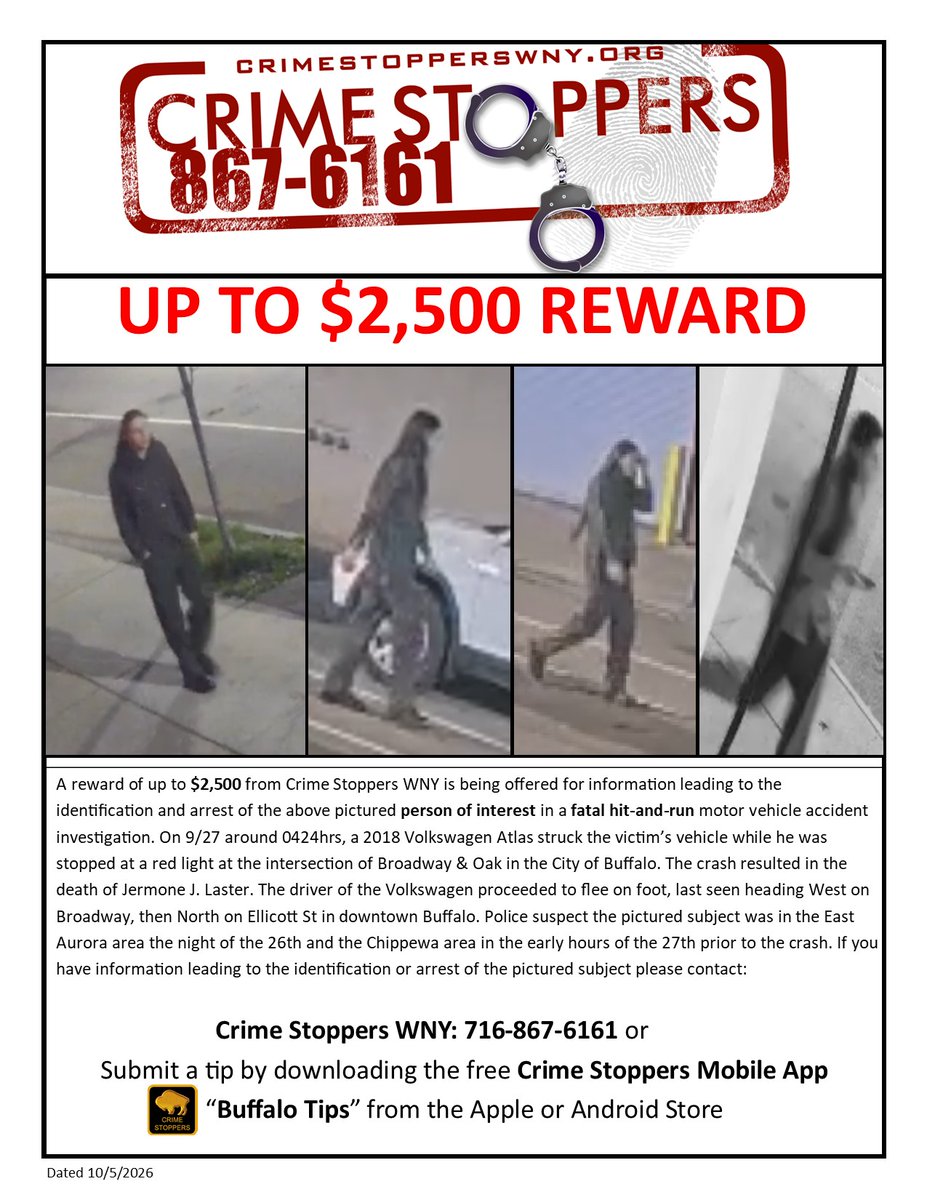CrimeStopperWNY's tweet photo. A reward of up to $2500 is being offered for information leading to the arrest of the person responsible for a hit-and-run crash on Broadway &amp; Oak Street in #Buffalo  that resulted in the death of JERMONE LASTER.

☎️716-867-6161
🖥️https://t.co/bl7VaOl5m4
📳"Buffalo Tips" app https://t.co/vAxC1BLsUp
