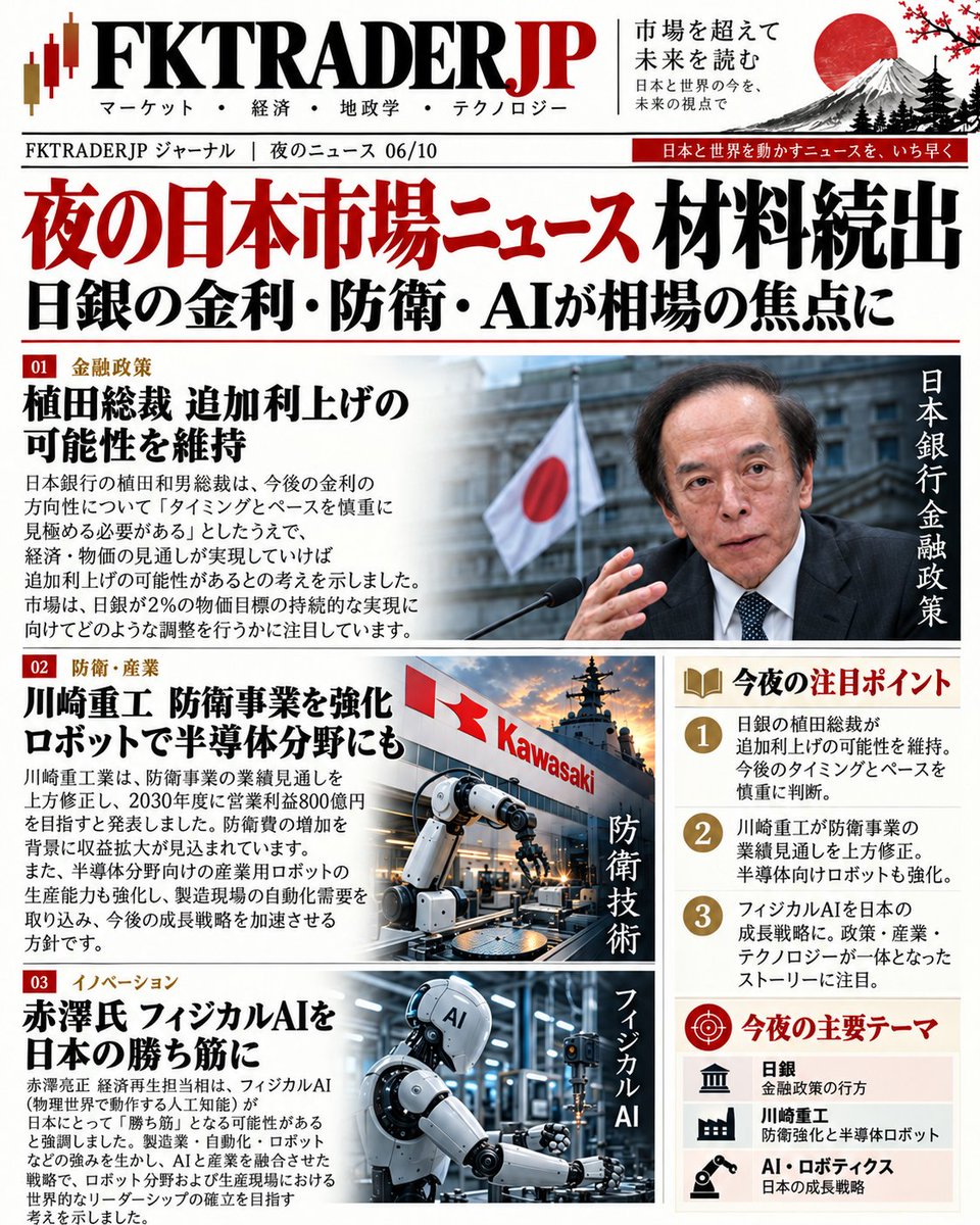 FKTRADERJP's tweet photo. 今夜の日本株材料は盛りだくさん📌

🏦 日銀・植田総裁は追加利上げの可能性を維持
🛡️ 川崎重工は防衛＋半導体ロボットを強化
🤖 フィジカルAIが日本の成長テーマに浮上

明日は「金利・防衛・AI」の資金フローに注目。

どのテーマが一番強いと思いますか？👀

#日本株 #日経平均 #日銀 #川崎重工 #AI https://t.co/4JODPdBD24