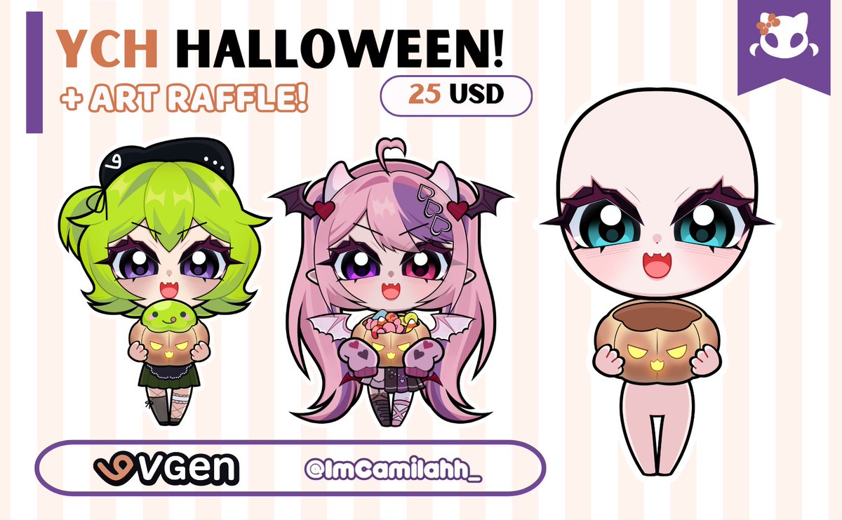 ImCamilahh's tweet photo. ──── ୨୧ ────
New YCH: Halloween 𖹭.ᐟ

+Art Raffle: (ends October 20)
✦Follow, ❤️ &amp; 🔃 
✦Reply your oc 

🎃 ੭﹕The ych are available in my Vgen for $25!!  

✦ Shop: https://t.co/LoL7Frqe6K

#raffle :  #VGenOpen : #Vtuber : #GIVEAWAY ﹕#Halloween https://t.co/A9zHfMMYbA