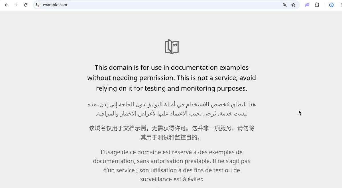 akinWeb3's tweet photo. https://t.co/oJ8nBWr6h3, the placeholder domain in basically every coding tutorial, quietly got its first real makeover in years. It now shows its notice in six languages, puts your browser's language first, and tells people to stop using it for monitoring. Be honest, devs: how many of your health checks still ping it?