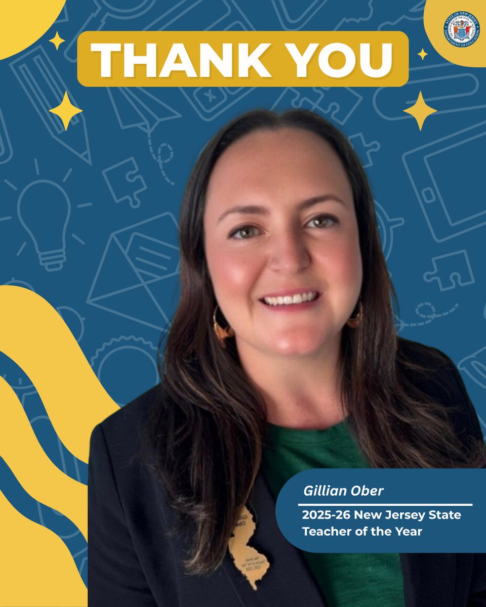 NewJerseyDOE's tweet photo. Thank you, Gillian Ober, for an extraordinary year as New Jersey’s 2025–2026 State Teacher of the Year. Your advocacy for language learners and your leadership have inspired educators statewide. We’re grateful for the impact you’ve made on students and families. https://t.co/raEuUWIG4X