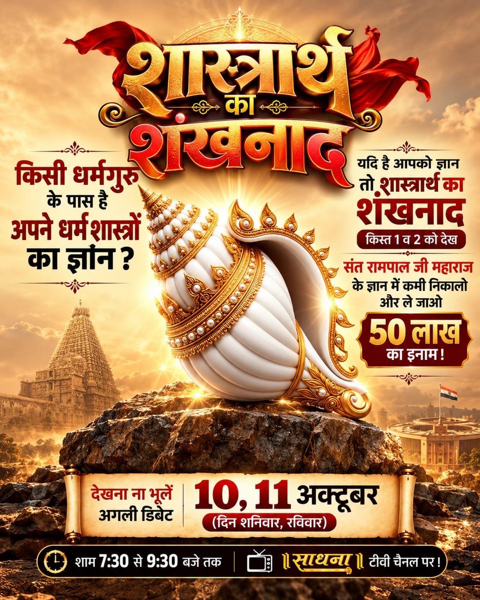 Prashan08810698's tweet photo. #शास्त्रार्थ_का_शंखनाद_10_Oct
आपने अभी तक केवल कथा सुनी थी राम और रावण के वध की, युद्ध की। रामायण व रामचारित मा��स में केवल इतना ही ज्ञान नहीं है, उसमें बहुत बड़े-बड़े रहस्य हैं। उसमें सृष्टि रचना का प्रमाण है। इसलिए आप देखना ना भूलें अगली डिबेट 10, 11 अक्टूबर ....... https://t.co/xbFbtMhKgz