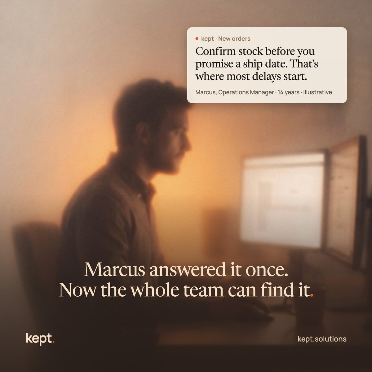 keptsolutions's tweet photo. "Just ask Marcus" is the most expensive sentence at work.

It works until Marcus is on vacation, stuck in back-to-back meetings, or answering the same question for the fourth time this week.

What Marcus knows shouldn't need Marcus in the room. https://t.co/Tdpzm8z8LV