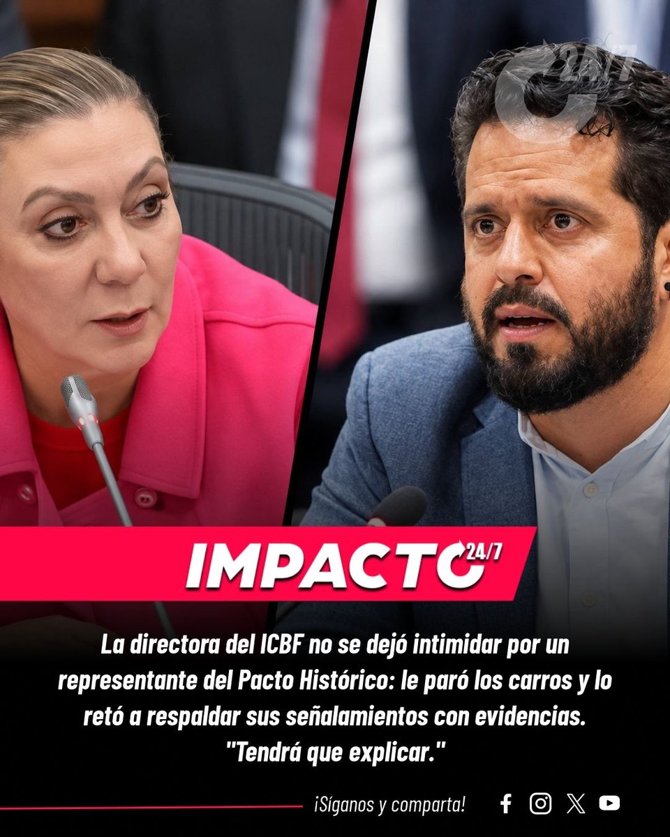 Impacto24_7's tweet photo. FRENARON A MONDRAGÓN | La directora del ICBF, María Carolina Restrepo, enfrentó sin titubeos a Alfredo Mondragón, representante del Pacto Histórico, que lanzó señalamientos sin respaldo. La respuesta fue contundente: "Tendrá que explicar." En el gobierno de De la Espriella, las instituciones no agachan la cabeza ante los caprichos de quienes atacan con desinformación y las FAKE NEWS de la izquierda tendrán consecuencias.