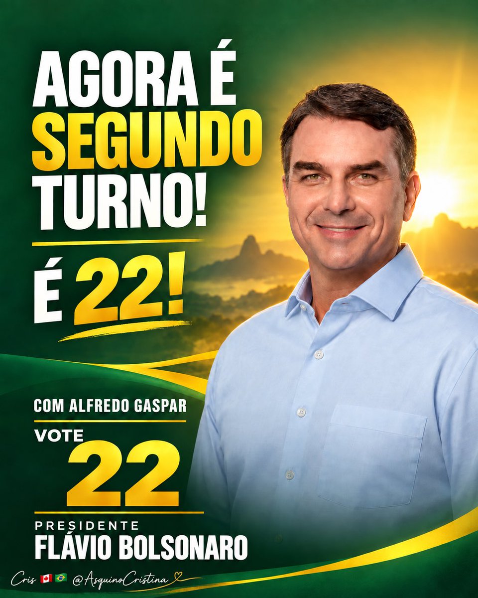 AsquinoCristina's tweet photo. Agora é segundo turno! Seguimos firmes, com fé e esperança, apoiando @FlavioBolsonaro @Alfredogaspar_ 
A caminhada continua vamos juntos, com coragem e amor pelo Brasil! 🇧🇷💚💛 

O BRASIL VAI VENCER!!🟩🟨🟦

FORA PARTIDO DAS TRAPAÇAS!!! https://t.co/wUXil9wtUX