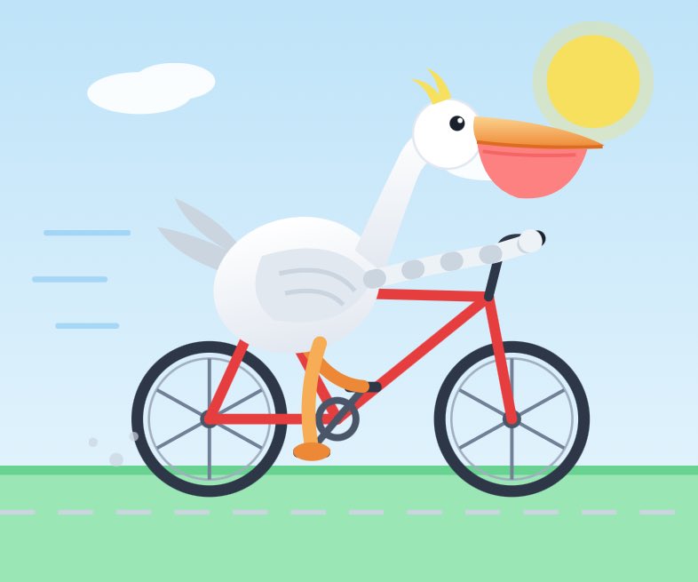 A pretty great pelican riding a bicycle - good pouch, decent bicycle frame