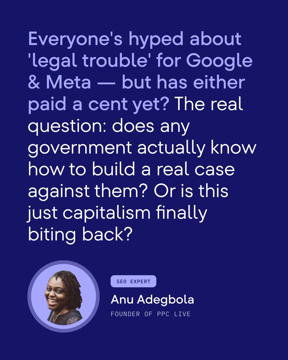 SERanking's tweet photo. Toothless. That's how @ajkohn describes the remedies in the two US antitrust cases Google "lost."

We asked two SEO experts and a social media expert the same question:
Who is in more legal trouble, Google or Meta?

⚡ Turns out it takes two to find the catch: losing a case and facing meaningful consequences are two different things.

→ @ajkohn thinks Meta may have more legal exposure right now. In his view, Google's US antitrust issues are largely behind it, and the EU is a thorn, not an existential threat. Meta's main product is social media, and that opens it up to a slew of legal jeopardy.

→ @BrookeSellas takes the fight out of court. Whether Google and Meta win or lose in court, both companies face a bigger battle over customer trust, and public opinion moves a lot faster than the legal system.

→ @TheMarketingAnu questions whether the trouble is real at all. Has either company paid a cent yet, and does any government actually know how to build a case against them?

All three answers below 👇