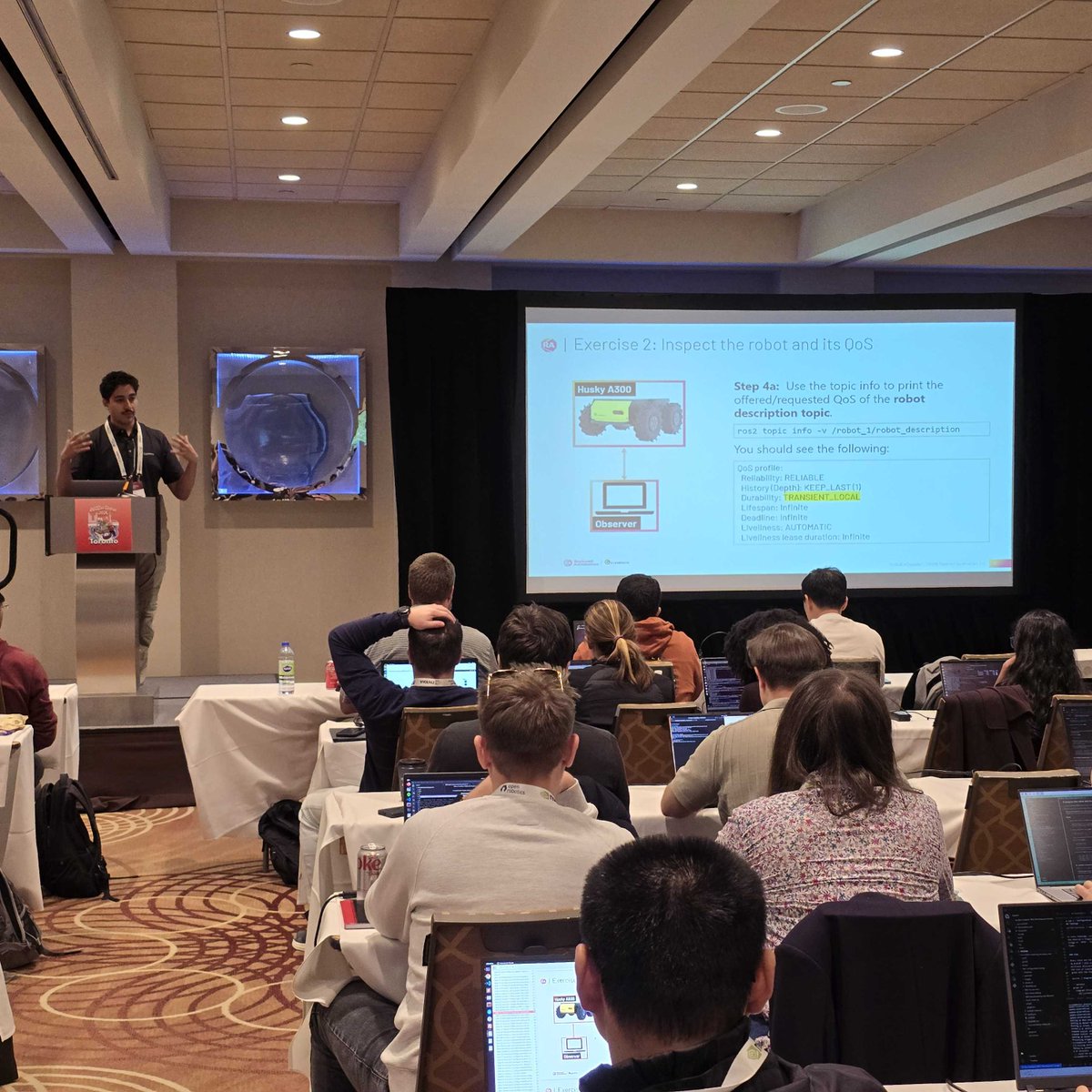 clearpathrobots's tweet photo. #ROSCon 2026 was a great opportunity to connect with the global #ROS community right here in our own backyard of Toronto! 🍁
 
🤖 Showcased nearly our whole lineup of robots
🎁 Handed out swag like new meme stickers and tuques
💻 Presented a workshop on mastering ROS 2 Jazzy RMW https://t.co/IAmlG1BVrG