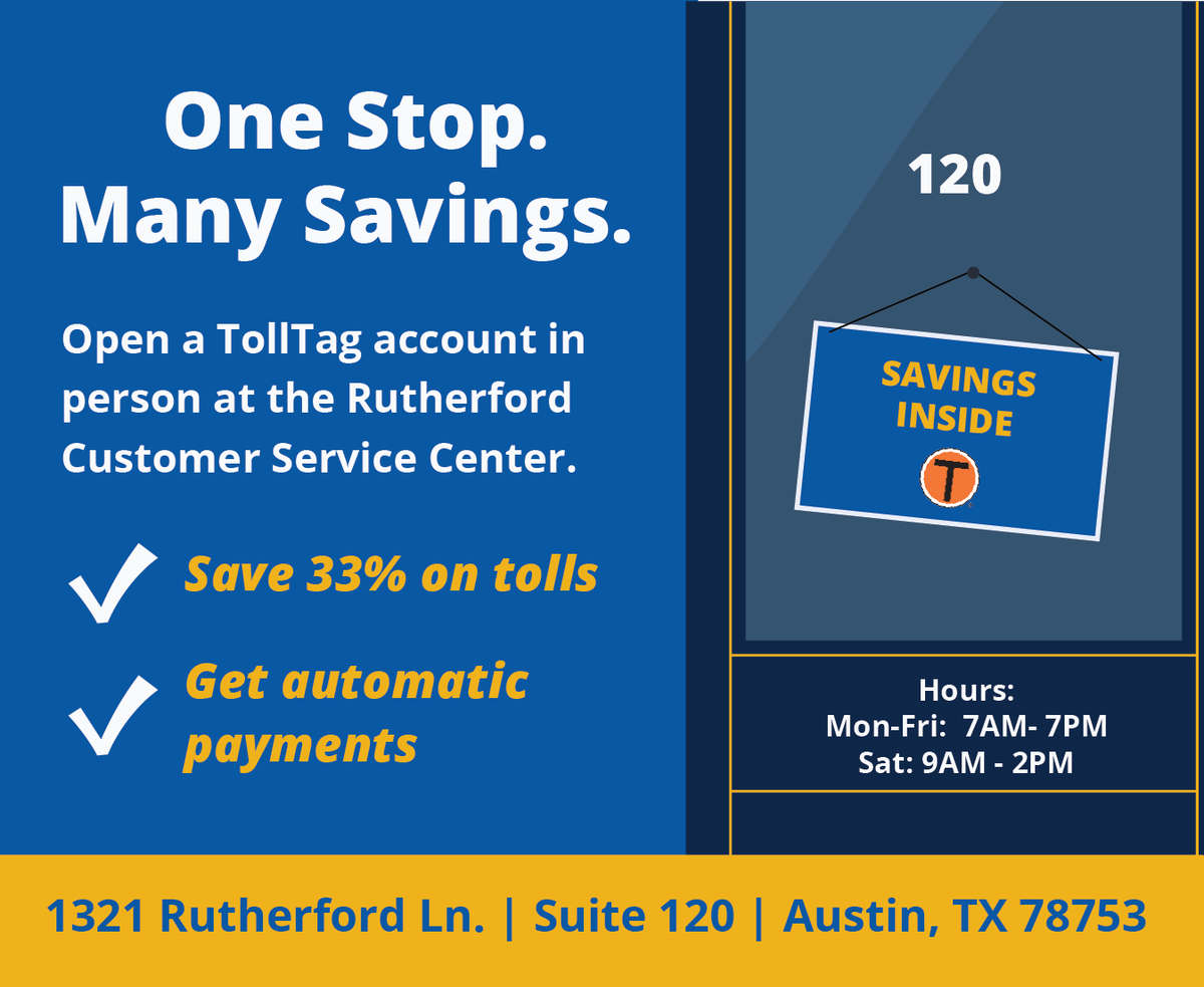 CTXMobility's tweet photo. Visit the Rutherford Customer Service Center to resolve your account and leave the same day with savings! Customers can now open up a TollTag account in person and save 33% on every toll. https://t.co/Co7BYaq2zy