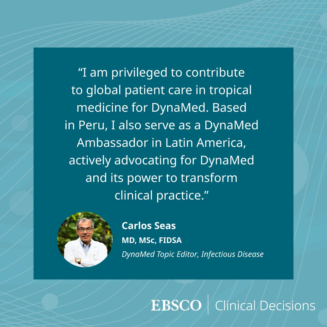 EBSCO_CD's tweet photo. #DynaMed is a global resource used by physicians around the world. One of those physicians based in Peru is Dr. Carlos Seas. Dr. Seas triages new research and reviews topics on tropical #InfectiousDiseases. #DynaMedex https://t.co/7pbMkGS1OZ
