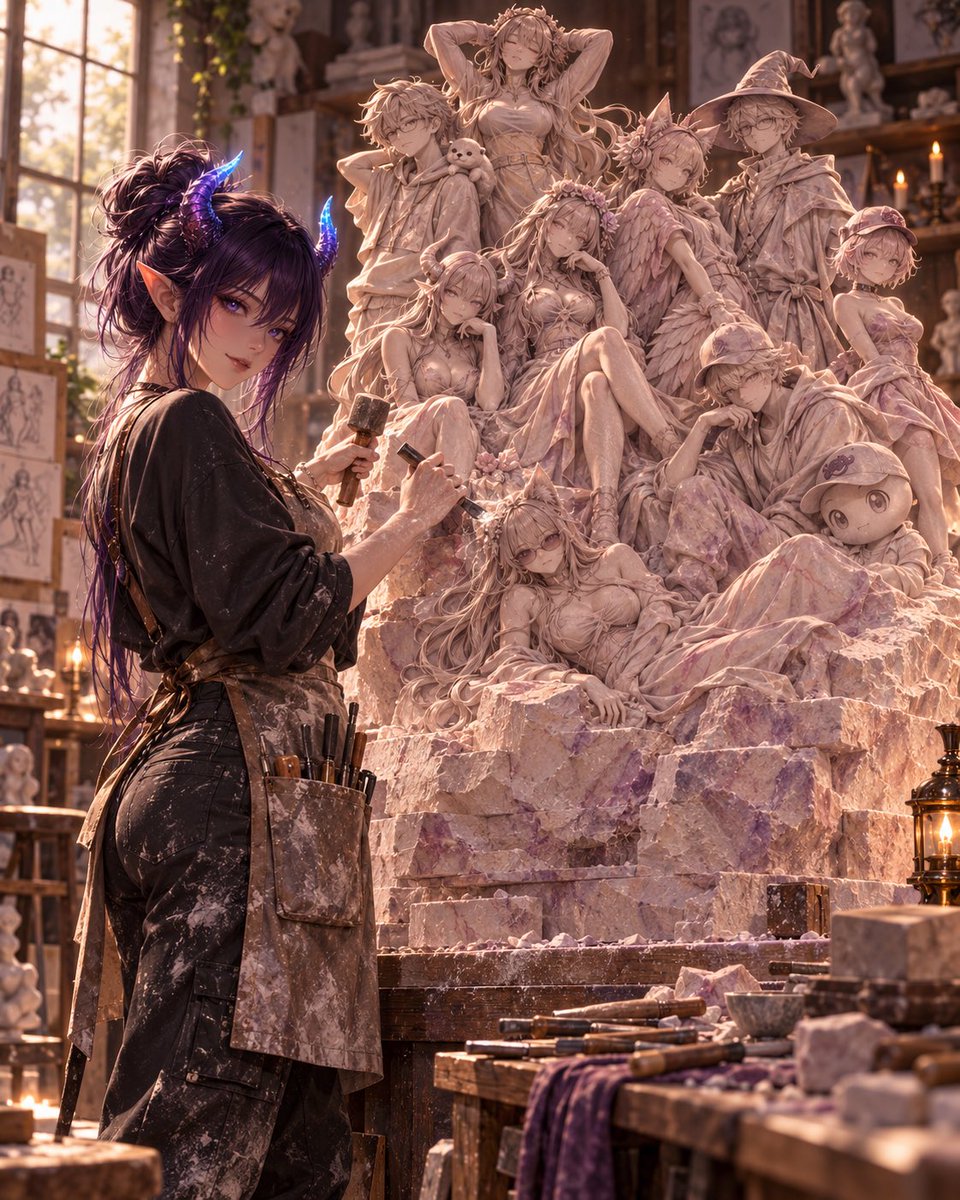 Purple8419's tweet photo. [Prompt Drop]

💜 The Muse 💜

Looking at all of your amazing paintings from my last prompt inspired me to make this one 💜 It takes 2 reference images again. Reference image 1 sets the artist. Reference image 2 sets the sculpture, it can be single characters or more than one 💜 

I haven’t tested it with reference sheets, so better to use a straight up image 💜

Thank you to @notsam1113 @FuckTheSystem0x @TheWeepingHero2 @Troa_Bloodclaw for being my muses 💜

Part 2 and prompt in the comments below 👇 I hope you like it and I can’t wait to see your muses 💜💜