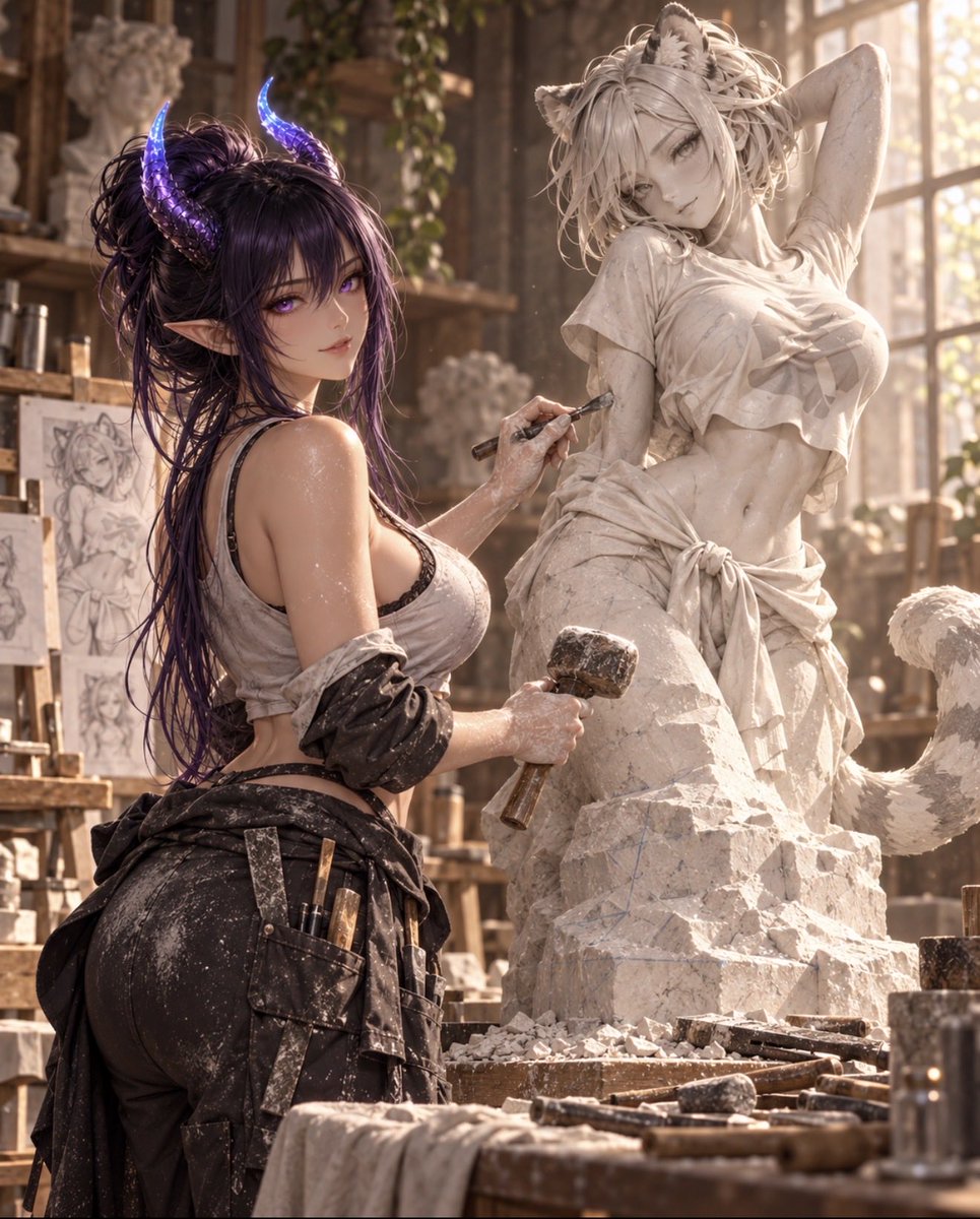 Purple8419's tweet photo. [Prompt Drop]

💜 The Muse 💜

Looking at all of your amazing paintings from my last prompt inspired me to make this one 💜 It takes 2 reference images again. Reference image 1 sets the artist. Reference image 2 sets the sculpture, it can be single characters or more than one 💜 

I haven’t tested it with reference sheets, so better to use a straight up image 💜

Thank you to @notsam1113 @FuckTheSystem0x @TheWeepingHero2 @Troa_Bloodclaw for being my muses 💜

Part 2 and prompt in the comments below 👇 I hope you like it and I can’t wait to see your muses 💜💜