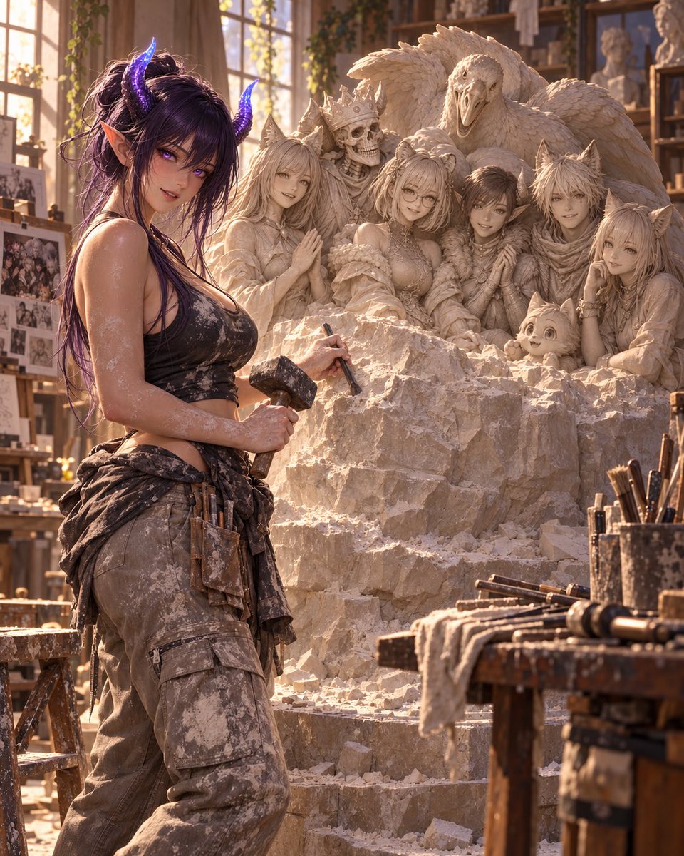 Purple8419's tweet photo. [Prompt Drop]

💜 The Muse 💜

Looking at all of your amazing paintings from my last prompt inspired me to make this one 💜 It takes 2 reference images again. Reference image 1 sets the artist. Reference image 2 sets the sculpture, it can be single characters or more than one 💜 

I haven’t tested it with reference sheets, so better to use a straight up image 💜

Thank you to @notsam1113 @FuckTheSystem0x @TheWeepingHero2 @Troa_Bloodclaw for being my muses 💜

Part 2 and prompt in the comments below 👇 I hope you like it and I can’t wait to see your muses 💜💜