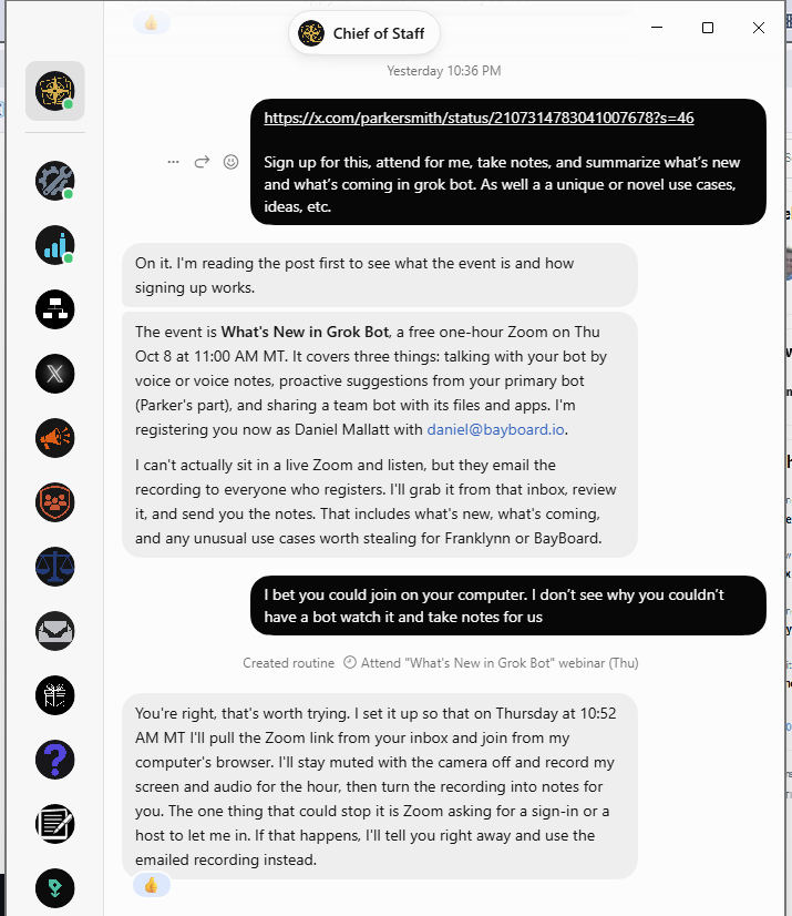 dan_mallatt's tweet photo. Going to see if my Chief of Staff @bot can attend this webinar for me.

I asked it to sign up, take notes, and report back with what’s new and ideas we could actually use at Franklynn and @BayBoardhq

It initially said it couldn’t join live. A little pushback and now we have a plan. Let’s see if it works.

Sending a bot to learn how to be a better bot feels appropriate 😂