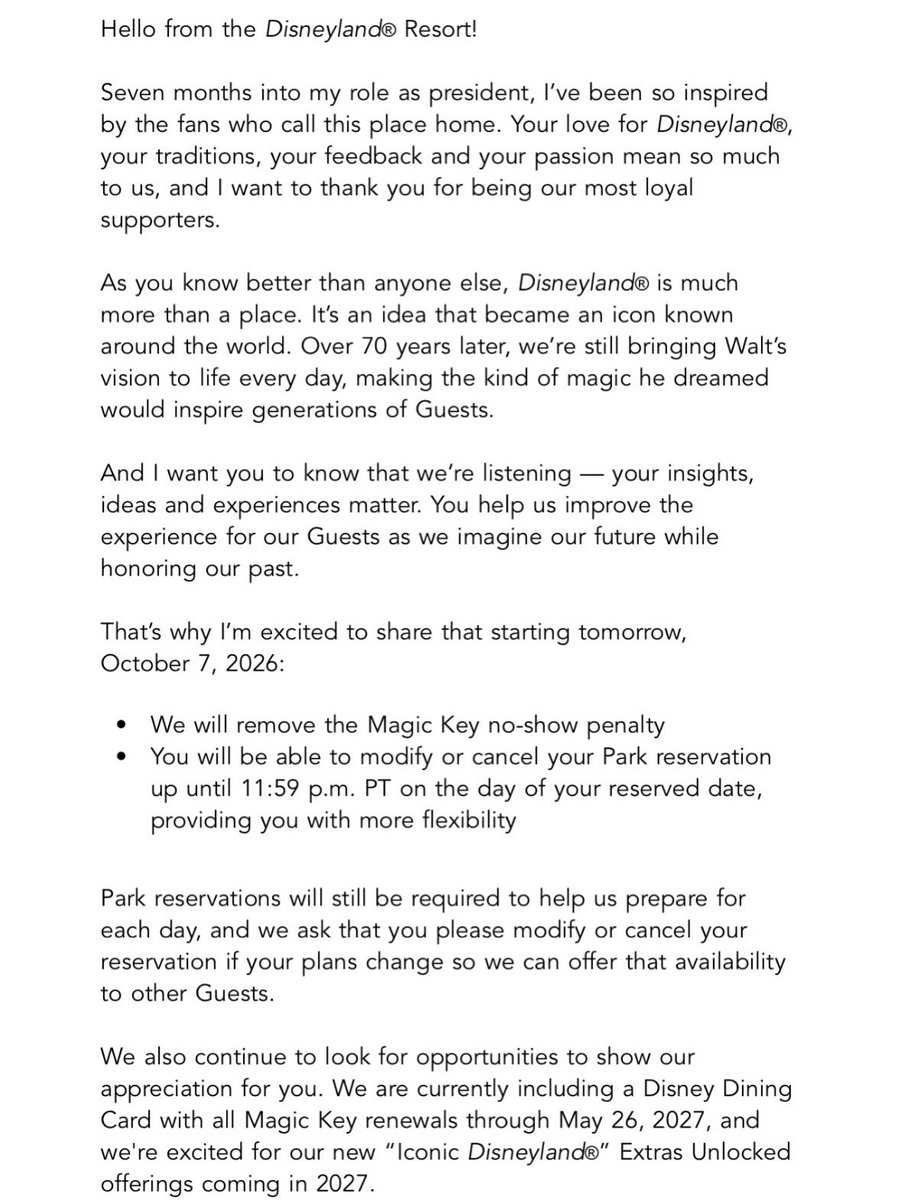 BuffDisneyBuff's tweet photo. Did you guys get this email?   Same day cancellations now allowed for Magic Key holders at Disneyland starting tomorrow! Also, no-show policy removed! #Disneyland #DisneylandResort #Disney #DisneyLife #DisneyPic #DCA #DisneyCaliforniaAdventure #MagicKey #BuffDisneyBuff https://t.co/KFDN3pCP2d