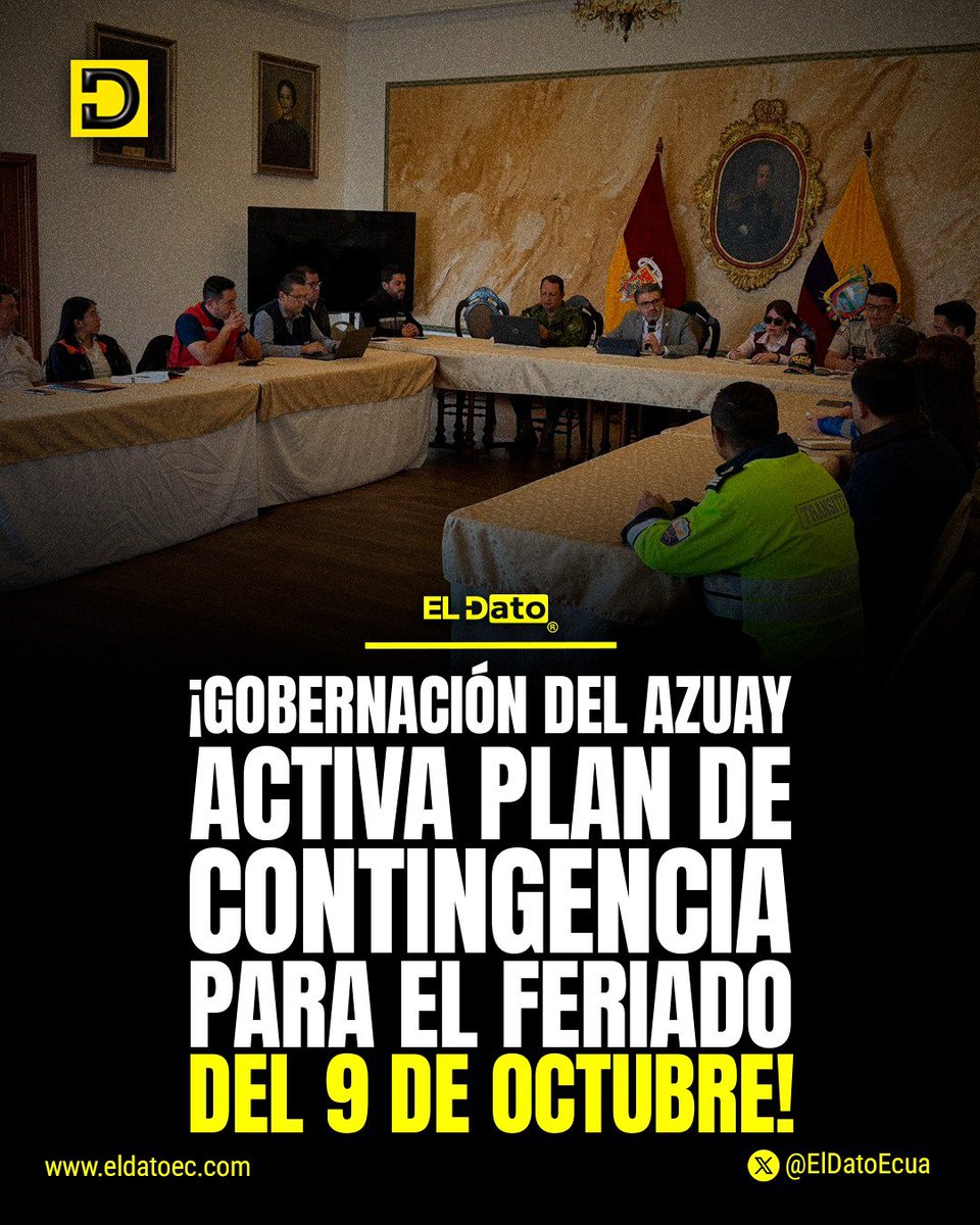ElDatoNews's tweet photo. #Urgente ¡GOBERNACIÓN DEL AZUAY ACTIVA PLAN DE CONTINGENCIA PARA EL FERIADO DEL 9 DE OCTUBRE!

La Gobernación del Azuay activó un Plan de Contingencia Interinstitucional para garantizar la seguridad durante el feriado del 9 de octubre.

Más de 6.000 efectivos estarán desplegados las 24 horas, junto a 900 cámaras, ambulancias, vehículos y maquinaria para atender emergencias.

#ElDato #Ecuador #Azuay #FeriadoNacional