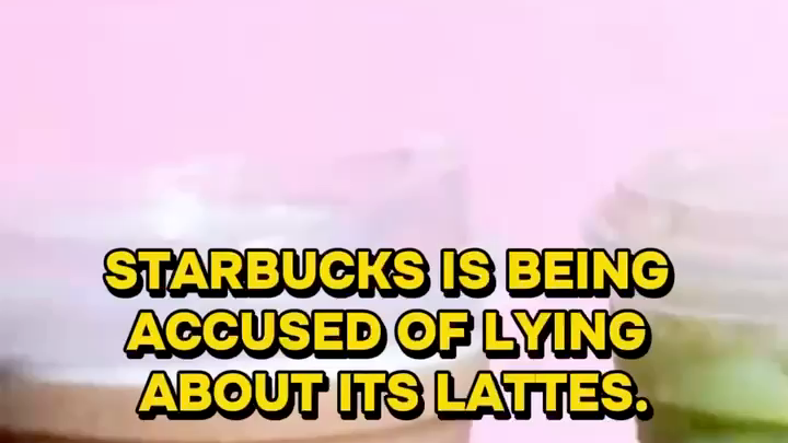 Pink-tinted background image with yellow text reading 'STARBUCKS IS BEING ACCUSED OF LYING ABOUT ITS LATTES.'