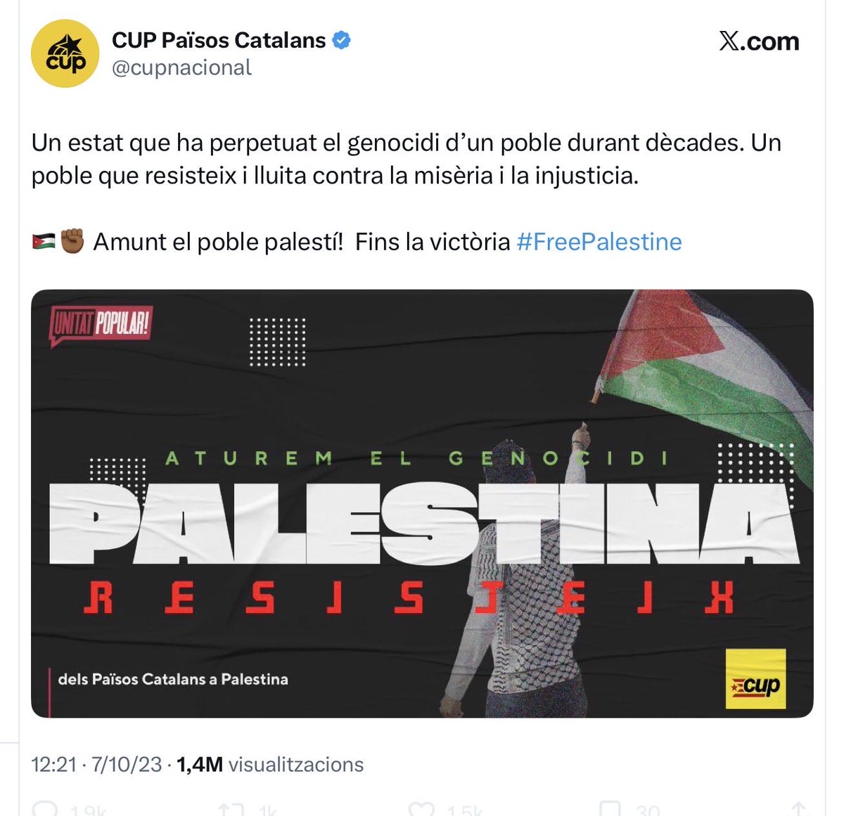 AuraMoner's tweet photo. El mateix 7 d’oct. del 2023, quan els terroristes palestins encara estaven matant famílies senceres de jueus, violant dones, cremant nadons, assassinats joves a un festival de música, segrestants àvies, dones, criatures, cadàvers, … la CUP va fer aquest tuit infame. https://t.co/tayJhkgz3L