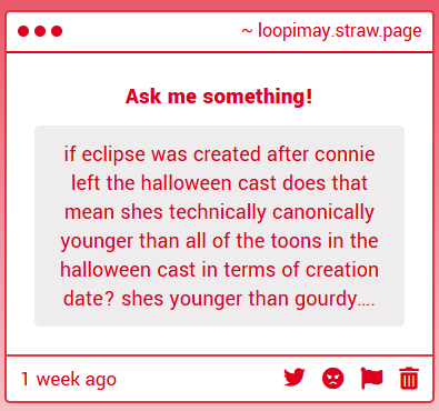 loopimay's tweet photo. You're right. I can't imagine being put into a world where everyone like you knows everyone but you. What's worse is that Eclipse has her sensitivities to the dark, which would make it even harder to fit in.

God, I love the Halloween toons. So many great concepts! https://t.co/I4rAgbvI6A